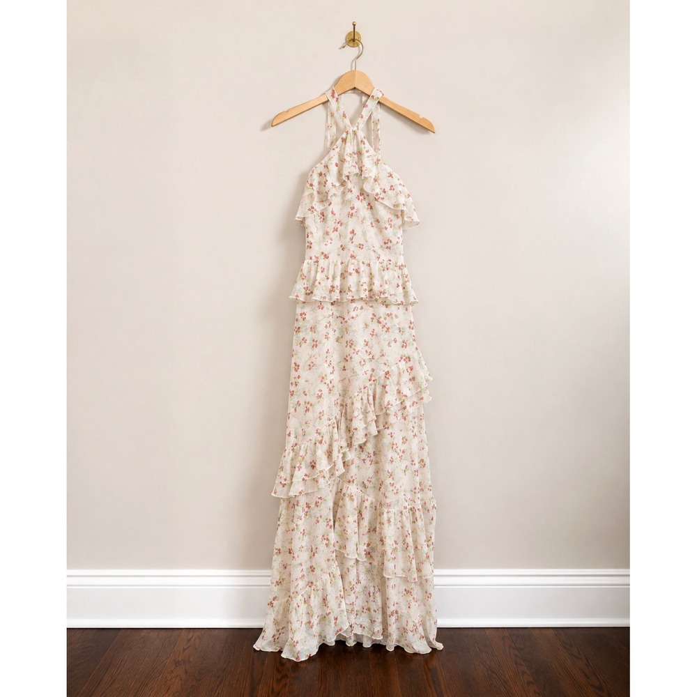 Urban Outfitters Floral Tiered Ruffle Halter Maxi Dress Size 0 OB952779